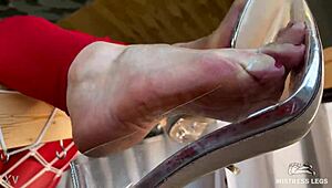 hey check my bare wrinkled feet dangling see-through high heels super close foot tease