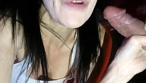 This cheating brunette milf drops to her knees devouring monster cock like a total whore