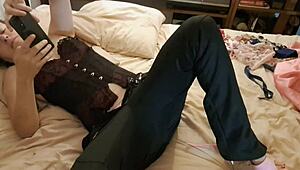 white slut rims and sucks in satin lingerie before hard fucking