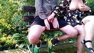 Step mom flashes huge natural tits in park making stepson cum hard