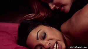 Damn ebony slave gags on huge strapon anal while bound and whipped