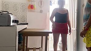 Homemade POV of curvy Latina MILF with huge ass bent over kitchen counter for rough anal creampie