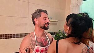 hot blonde mom and her busty daughter seduce me in kitchen for wild threesome fuckfest!