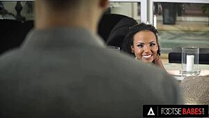 Imagine cute ebony Romy Indy wrapping her pretty feet around that big cock for a steamy footjob fuck.