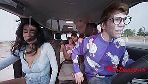 Petite Stepsis Fingers Wet Pussy in Backseat as Tall Stepbro's Monster Cock Tempts Her