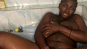 whoa my huge tits bounce wild fucking this giant dildo in the bathroom!