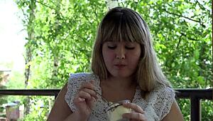 ever watched a chubby milf devour food with her fat belly hanging out in outdoor asmr?