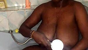 whoa my huge tits bounce wild fucking this giant dildo in the bathroom!