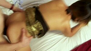 So this asian milf in fishnets bends over on the bed for deepthroat and doggystyle assfucking while he fingers her shaved pussy gaping wide