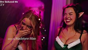 seduced elves unwrap big tits for christmas lesbian pussy licking