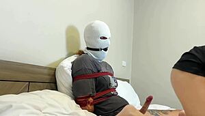 Whoa 😍 masked girlfriend turns cute teen into footjob slave—hot bdsm vibes!!