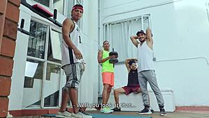 Skinny latina slut anal fucked hard during workout creampie and piss play