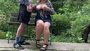 My chubby mother-in-law's huge saggy natural tits drip with my hot cum after outdoor handjob