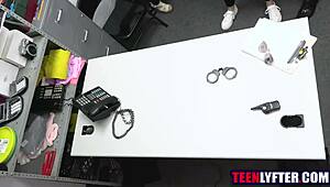 Security guard pounds shoplifting teen's shaved pussy relentlessly