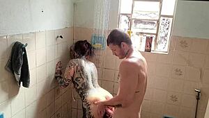 Tattooed Big Ass Clit Slut Fucked Bareback in Shower.