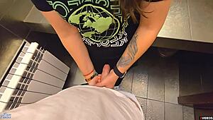 Homemade milf begs for creampie in her tight wet 18+ pussy at public restaurant toilet.