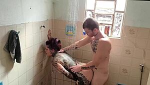 Tattooed Big Ass Clit Slut Fucked Bareback in Shower.