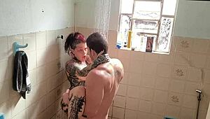 Tattooed Big Ass Clit Slut Fucked Bareback in Shower.