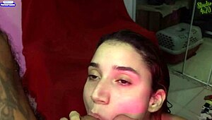 hot young slut devours TWO HUGE cocks bareback in wild threesome pounding