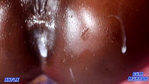 I spoon fuck this petite ebony babe's oiled ass till cum fills her tight cunt