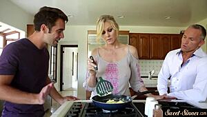 Stepmom milf takes pounding in missionary before cum sprays her big tits and classy body