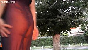 hairy chubby mature flashes her beaver through see-through fabric outdoors