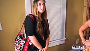 petite blonde madelyn and horny brunette sofia finger each others shaved pussies