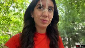 Crazy Brunette Sucks Cock in Bushes for Huge Public Facial!