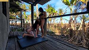 whoa, two sexy babes scissoring hot in the forest house 😍🍆💦 homemade interracial creampie vibes!