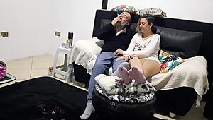 Boyfriend and I get horny fucking missionary doggy cowgirl in tv room with moans