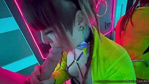 goth teen sneaks into rave bathroom for public sloppy deepthroat gag on big cock