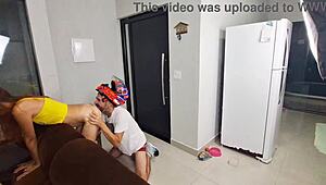 Lonely Redhead Housewife Greets Biker in Sheer Bath Towel Only