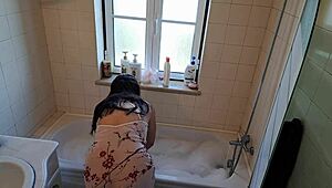 latina wife bends over jacuzzi for handyman doggystyle blowjob and facial fix