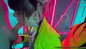 goth teen sneaks into rave bathroom for public sloppy deepthroat gag on big cock