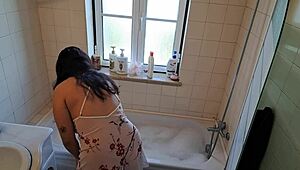 latina wife bends over jacuzzi for handyman doggystyle blowjob and facial fix