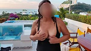 Mature milf flashes huge tits in pool 😍 guys jerk off and cum hard watching her pussy