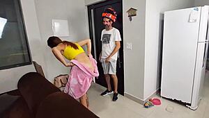 Lonely Redhead Housewife Greets Biker in Sheer Bath Towel Only