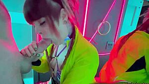 goth teen sneaks into rave bathroom for public sloppy deepthroat gag on big cock