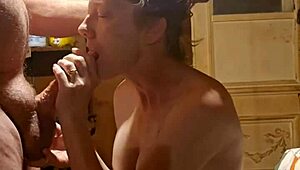 redhead gags deep on my cock choking till she swallows cum