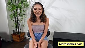 Horny Amber Summer rubs shaved pussy for Charles Dera