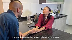 BIG COCK HUSBAND FACEFUCKS SKINNY LATINA WIFE RAW IN KITCHEN QUICKIE