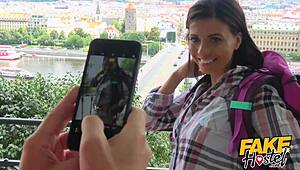 Brunette backpacker babe sucks cock in car then gets fucked everywhere in hostel