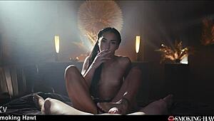 Brunette latina slut smokes while riding cowgirl and taking facial cumshot