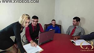Slutty office trailer turns into crazy orgy with double penetration anal blowbang and cumshots everywhere