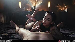 Brunette latina slut smokes while riding cowgirl and taking facial cumshot