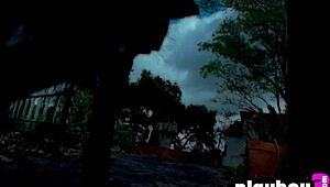 Amanda Cerny flaunts her big fake tits and curvy sexy ass outdoors