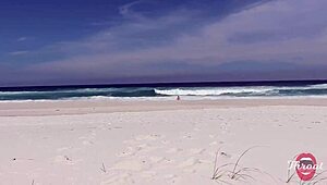 safada gives deepthroat blowjob on beach with skinny brunette in front of bathers