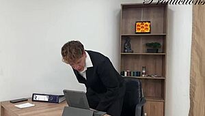 Boss catches sexy tattooed secretary slut... now fucking her bareback doggystyle cumshot?