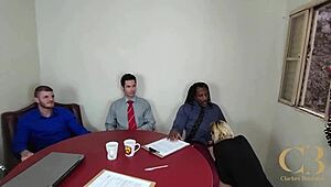 Slutty office trailer turns into crazy orgy with double penetration anal blowbang and cumshots everywhere