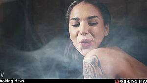 Brunette latina slut smokes while riding cowgirl and taking facial cumshot